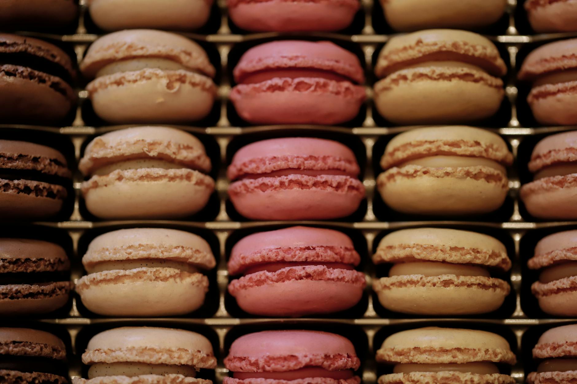 Kolorowe francuskie makaroniki ułożone rzędami na tacy